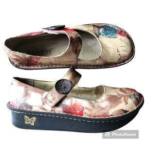 Algeria leather upper & lining floral tan,brown,teal,red,orange clogs size 7
